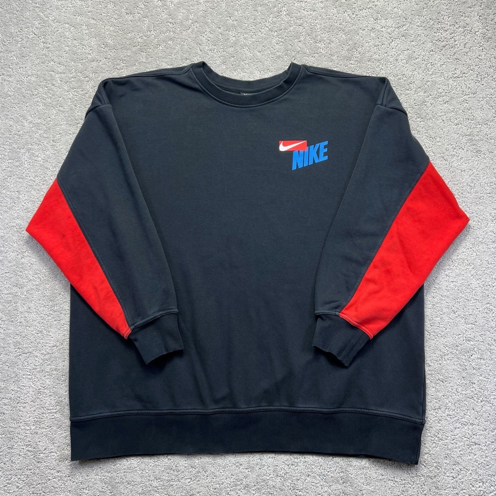 Nike Sweatshirt Mens XL Black Red Blue Colorblock Dri-Fit Crewneck Streetwear
